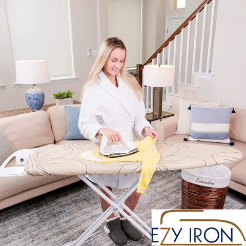 Woman ironing with Heavy Duty Padded Ironing Board Cover And Pad No Fuss 15x54 Inches with elastic edge in beige color