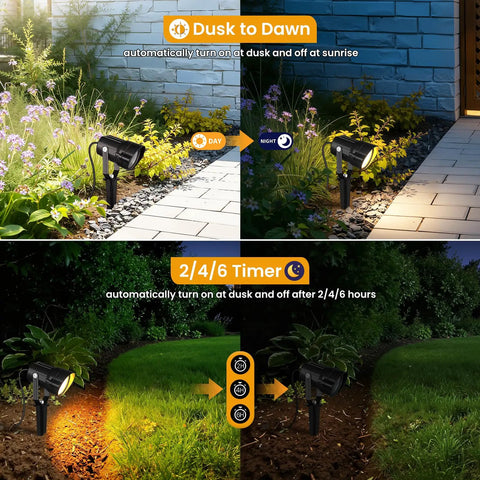 Low Voltage Landscape Lighting Kit Plug And Play With Dusk To Dawn Transformer showcasing LED spotlights in garden setting