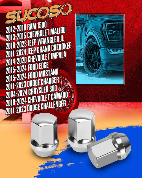 M14x1.5 Chrome Lug Nuts Set Of 20 One Piece Conical Seat OEM Replacement for various vehicle models illustrated