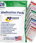 Front view of MFASCO Medication Pack travel kit; green and white pouch with 28 pieces and assorted OTC packets
