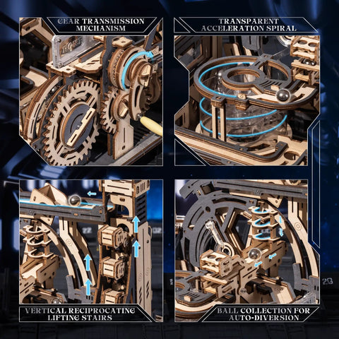 Close-up of Dope 3D Puzzle Marble Run Kit For Adults Electric Spaceport LGC01 with gear transmission and spiral mechanisms.