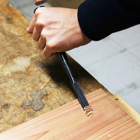 Heavy Duty Japanese Wood Chisel One Inch Hand Forged White Steel Number Two Blade in use on wood, showcasing precise mortising.