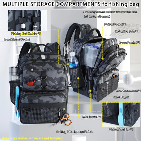 Fishing Backpack Sling Bag With Built In 139 Piece Tackle Kit And Rod Holder 24L Black Camo Gear Bag displayed with compartments open.
