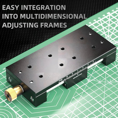 Manual Linear Stage With 75mm Rail Guide Sliding Table In Aluminum Alloy Body for precise motion on a green grid background