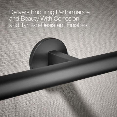 Components Double Towel Arm With Premium Metal Construction, matte black finish, wall-mounted on textured surface.