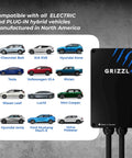 Beefy Level 2 240V EV Charger With 24 Foot Premium Cable NEMA 14-50 Plug UL Certified, shown with compatible EVs and PHEVs.
