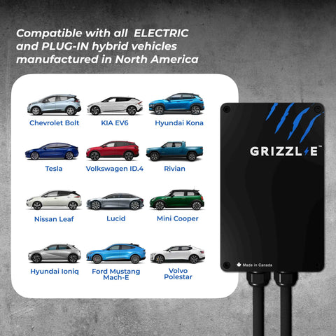 Beefy Level 2 240V EV Charger With 24 Foot Premium Cable NEMA 14-50 Plug UL Certified, shown with compatible EVs and PHEVs.