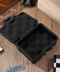 Open Slick Portable Plastic Toolbox Organizer With Molded Foam Inserts For Camera Gear on wooden surface.