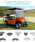 EZGO TXT Golf Cart Rivet Kit 44 Piece Complete Body Rivet Set For 1994 And Up Gas And Electric Models Includes Aluminum Rivets In Five Sizes Plastic Push Clips Pins And Nameplates, shown with an orange golf cart and rivet components.