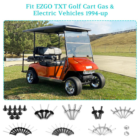 EZGO TXT Golf Cart Rivet Kit 44 Piece Complete Body Rivet Set For 1994 And Up Gas And Electric Models Includes Aluminum Rivets In Five Sizes Plastic Push Clips Pins And Nameplates, shown with an orange golf cart and rivet components.
