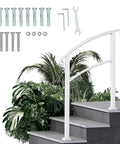 Adjustable Three Foot Steel Step Handrail For Outdoor Stairs Compatible With Two Or Three Steps, installed on grey stairs with fasteners.