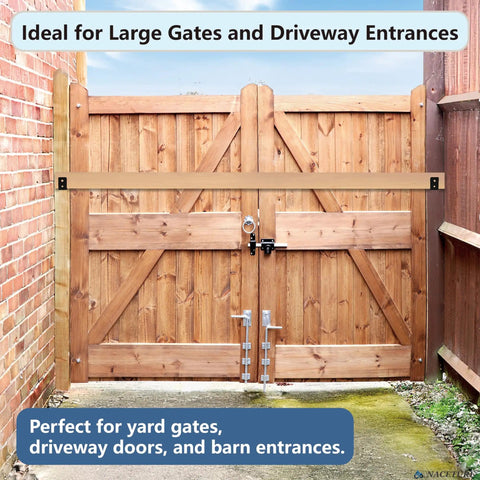 Wooden driveway gate with metal bracket, reinforced for security, suitable for yard and barn entrances