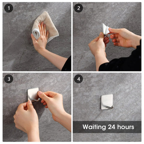 Self Adhesive Towel Hooks Four Pack Stick On Wall Stainless Steel 304 No Drill Bathroom Kitchen Hooks For Keys Robes And Towels Holds Up To 21 Pounds Heavy Duty Adhesive installation steps