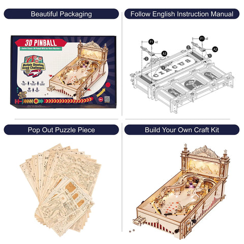 Handcrafted 3D Wooden Pinball Puzzle Kit For Adults And Teens 14 Plus Mechanical Model DIY Pinball Game Build Kit, boxed parts and assembled wood game