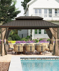 10x14 Ft Outdoor Gazebo With Hardtop And Curtains Netting Included, Galvanized Steel Frame, Weatherproof Patio Shelter