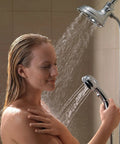 Person enjoying a 4-Spray H2Okinetic In2ition 2-In-1 Dual Handheld Shower Head with Hose and Magnetic Docking, Chrome Finish in use