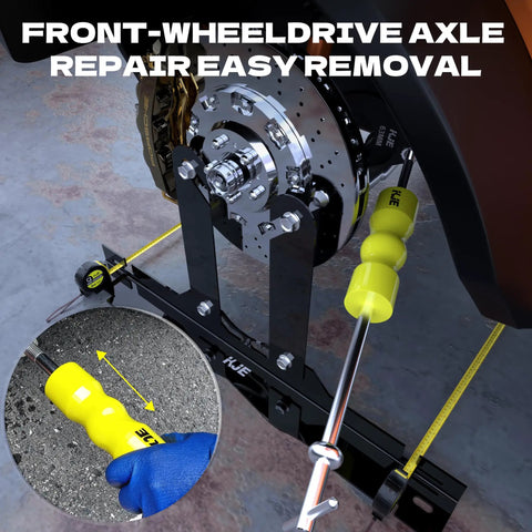 CV Axle Removal Tool And Puller Kit With 50mm And 64mm Forks, Slide Hammer, 4 Piece CV Joint Fork Set For Ford Taurus, Mercury Sable, SVT Raptor, Lincoln Navigator, A Real Workhorse Shaft Puller For Easy Axle Service installed on front-wheel-drive axle