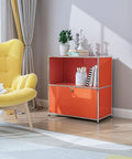 32.5-Inch Flip-Top Side Table With Detachable Wheels, Big Storage Space, DIY Corner Bookshelf, Wall Shelf, Cube Organizer, Bedside Table, Multipurpose Modern Home Decor In Bright Orange next to a yellow chair in a room.