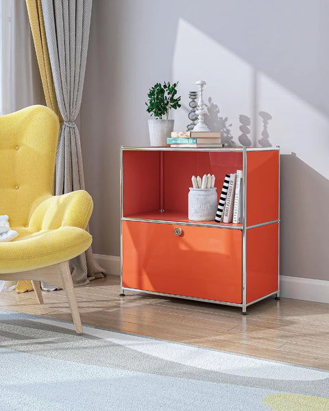 32.5-Inch Flip-Top Side Table With Detachable Wheels, Big Storage Space, DIY Corner Bookshelf, Wall Shelf, Cube Organizer, Bedside Table, Multipurpose Modern Home Decor In Bright Orange next to a yellow chair in a room.