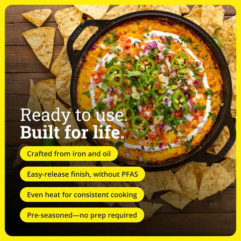 Versatile Five Quart Cast Iron Double Dutch Oven And Skillet Pot with nachos, pre-seasoned for even heat, ready to use.