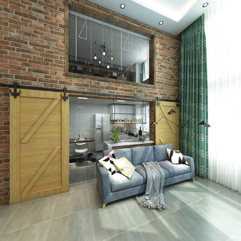 Rustic Black Non Bypass Sliding Barn Door Hardware Kit For Two Doors 9 Ft Flat Track with hardwood doors installed in a living room
