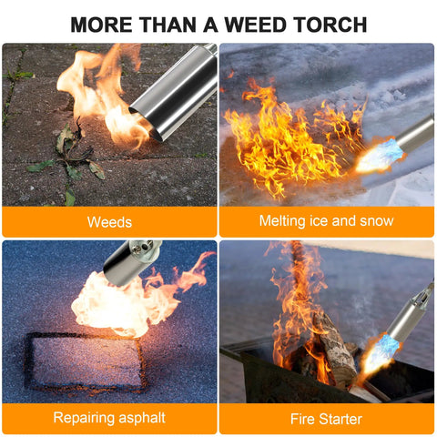 Beast Mode Heavy Duty Propane Weed Burner Torch With 1,800,000 BTU Flame Thrower in use on weeds, ice, asphalt, and as fire starter.