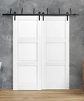 Interior Barn Bypass Sliding Doors Set With Solid Wood Panels No Glass White 84x96 Inches Classic Style and Heavy Duty Hardware
