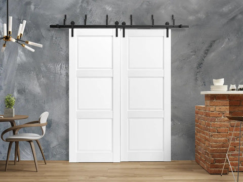 Interior Barn Bypass Sliding Doors Set With Solid Wood Panels No Glass White 84x96 Inches Classic Style and Heavy Duty Hardware