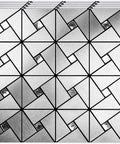 10-Sheet Peel And Stick Backsplash Tile Set For Kitchen Fireplace And Bathroom Windmill Glass In Brushed Silver Aluminum Composite 3D Metal Look With Ultra Strong 3M Adhesive, showing intricately designed silver tiles.