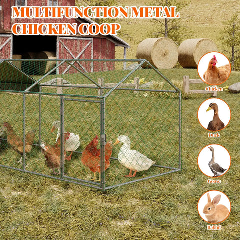 Walk-In Chicken Coop With Run 120x40x40 Inch Outdoor Backyard Poultry Pen Heavy Duty Galvanized Steel Frame with ducks and chickens inside