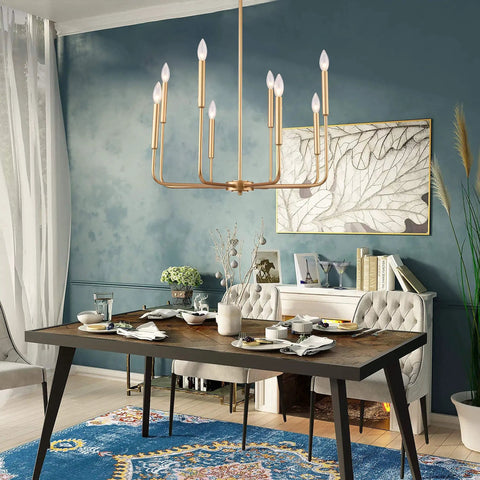 8 Lights Farmhouse Chandelier Gold Rustic Industrial Candle Ceiling Light Fixture For Living Room Dining Room Kitchen Island Foyer And Bedroom Cozy Vibe above dining table