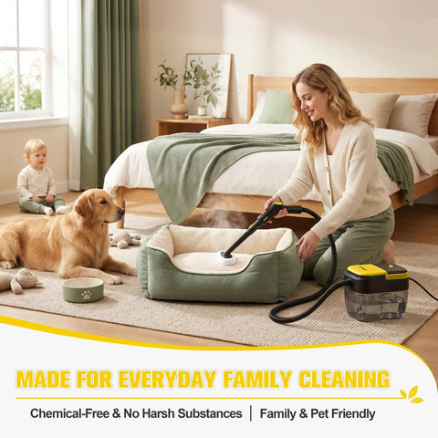 A woman using a handheld steam cleaner on a pet bed, showcasing Get Your Home Sparkling With This Powerful Handheld Steam Cleaner.
