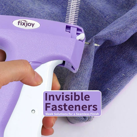 Person using Stitch Gun for Clothes Handheld Sewing Kit With Safety Storage Box to fasten denim fabric with invisible fasteners.