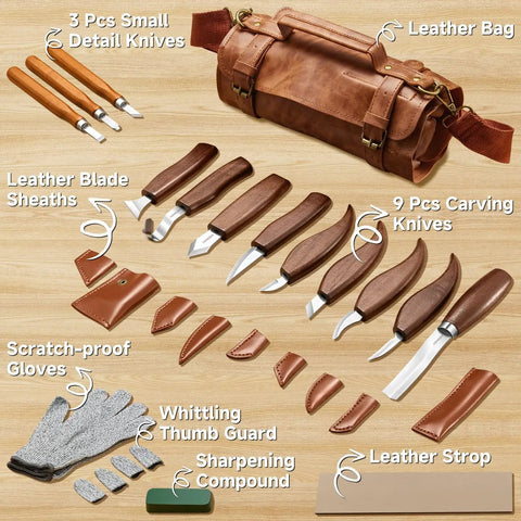 Wood Carving Kit 17Pcs With Whittling Knives And Detail Carving Tools For Beginners And Adults, displayed with leather bag and accessories.