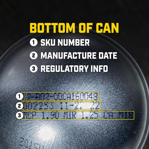 Bottom of Industrial High Solids Spray Paint Primer In Light Gray, 17 Oz can displaying SKU, manufacture date, and regulatory info.