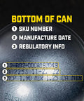 Bottom of Heavy Duty High Solids Enamel Spray Paint can with SKU, manufacture date, regulatory info