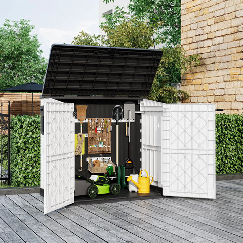Hella Spacious 36 Cubic Feet Horizontal Resin Outdoor Storage Cabinet With Lockable Doors And No Sweat Assembly Totally Weatherproof Patio Shed For Lawn Mower And Pool Gear