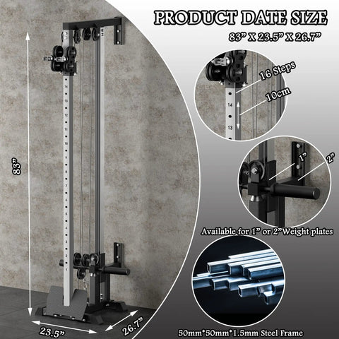 Heavy Duty Wall Mount Cable Crossover Machine Dual Pulley Home Gym System dimensions 83" x 23.5" x 26.7" with steel frame.