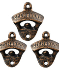 Premium Vintage Cast Iron Wall Mounted Beer Bottle Opener 3 Piece Set Antique Gold Retro Bar Accessories with 'OPEN HERE' inscription.