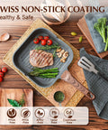 Nonstick Grill Pan For Stove Tops With Pour Spouts, Square 9.5 Inch Griddle with steak and vegetables, wooden spatula