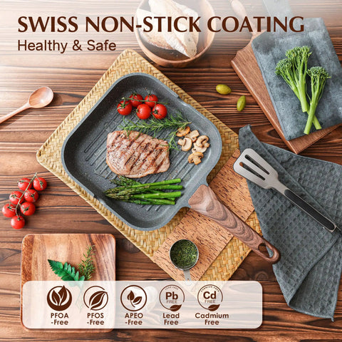 Nonstick Grill Pan For Stove Tops With Pour Spouts, Square 9.5 Inch Griddle with steak and vegetables, wooden spatula