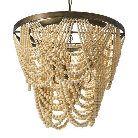 Two Tier Draped Wood Bead Chandelier In Gold Washed Metal With Ivory Beads, 10 Ft Cord And 6 Ft Chain, close-up of beads