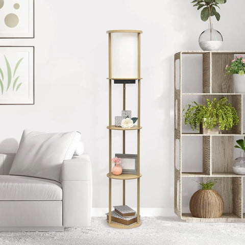 62.5 Inch Round Modern Shelf Etagere Floor Lamp With USB Ports And Outlet Linen Shade In Soft Light Pink Finish next to sofa