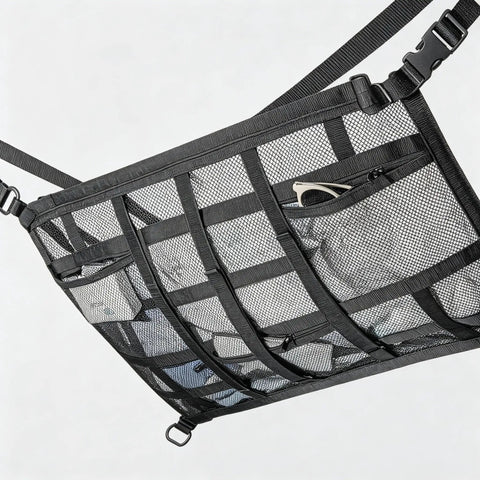 Overhead Car Cargo Net With 3 Pockets For Extra Roof Storage On Road Trips And Camping Durable Mesh Organizer Fits SUV Truck Or Vans Adjustable Straps And D Buckles Keep Gear From Slipping
