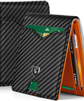 Slim RFID Blocking Leather Wallet For Men Front Pocket Card Holder With Carbon Fiber Look Ultra Thin Bifold Holds Eleven Cards And Fifteen To Twenty Bills Gift Box Included Carbon Black And Orange