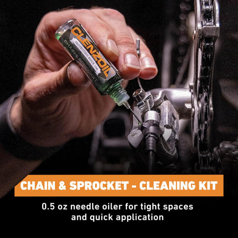 Using All In One Chain Cleaning Kit Built For Riders With Wet And Dry Lube Performance Includes 4 Oz CLP Lubricant Half Ounce Precision Needle Oiler Microfiber Towel And Chain Brush For Sprocket Maintenance to oil bicycle chain close-up
