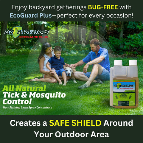 Family enjoying backyard protected by Plant Based Outdoor Mosquito Fogger Spray For Yard And Garden, Natural Tick Control
