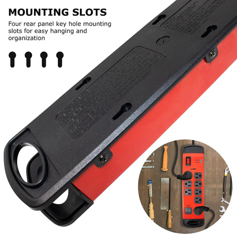 Heavy Duty 15 Foot 8 Outlet Metal Surge Protector Power Strip With 2 USB Ports, 1960 Joules, Red, back view with mounting slots