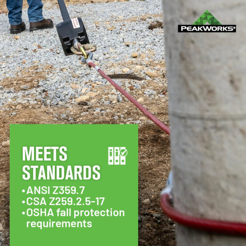 Go To Reusable Cable Anchor Sling With O Rings Ends For Fall Arrest, 6 Ft Long in use at a construction site, meets OSHA standards.