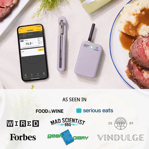 Wireless Meat Thermometer With WiFi And Sub 1GHz RF For Rock Solid Signal Beats Bluetooth, app display, probes, roast beef plate
